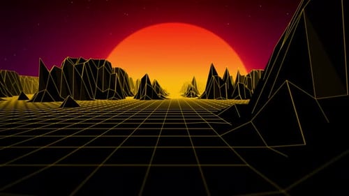 Retro-Sonnenuntergangshintergrund mit leuchtend gelber Rasterlandschaft und beweglichem Kameraeffekt