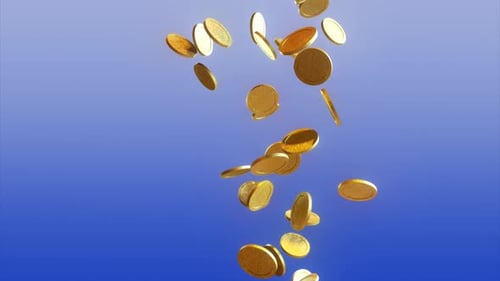 Falling Gold Coins Accumulating on Blue Background