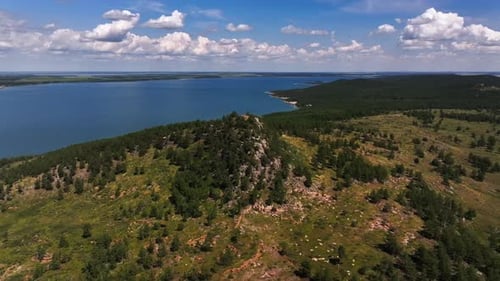 Aerial View Over The Lake And Mountains Of Borovoe