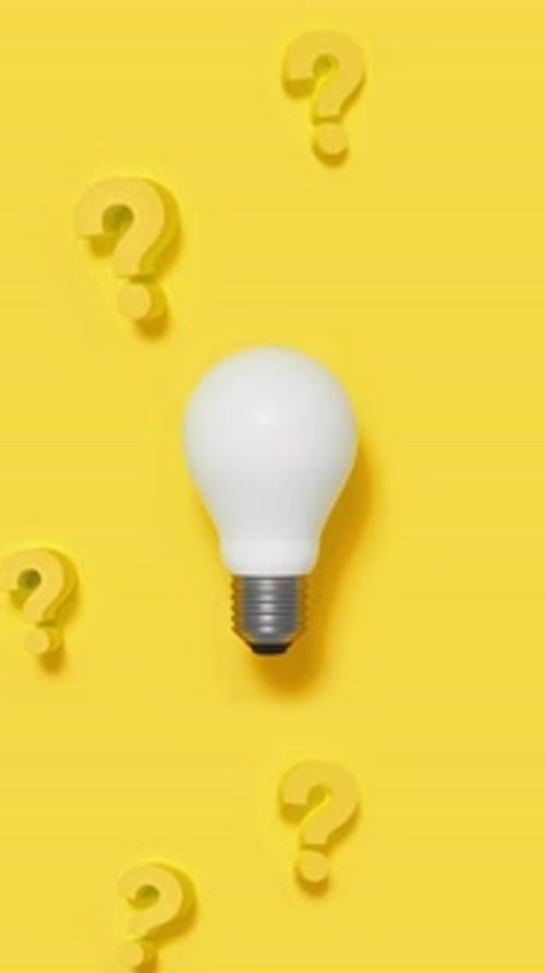 Multiple innovation questions for companies represented with a light bulb and ? sign on a yellow bac