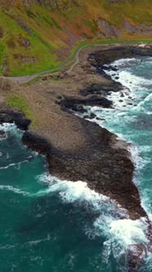 Ultra-wide social ratio aerial video of The Giant's Causeway in Bushmills, Northern Ireland