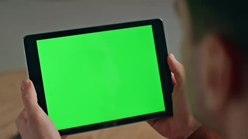 Employee Hands Using Chromakey Tablet in Office Closeup Man Looking Screen