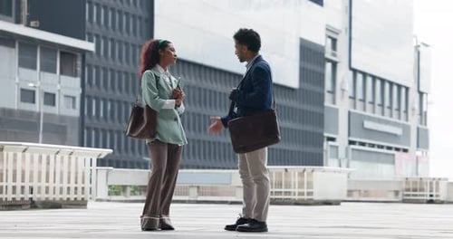 Business people, meeting and city with handshake for introduction, welcome or startup together