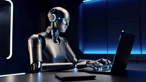Humanoid robot typing on laptop in futuristic dark lab