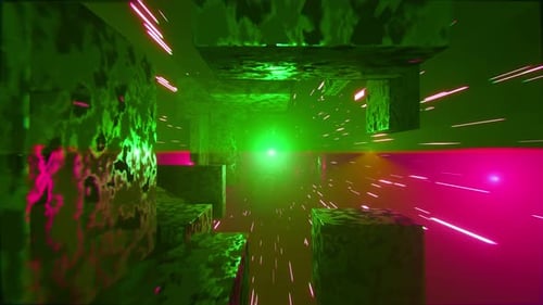 Time travel through flying glowing blocks and futuristic tunnel,looped animation