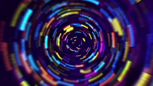 Abstrakter, farbenfroher, leuchtender dynamischer futuristischer Neon-VJ-Tunnel, der aus Linien besteht, die sich mit hoher Geschwindigkeit bewegen.