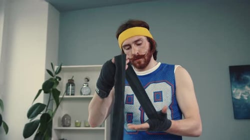 A Retro Fitness Enthusiast is Preparing for Their Workout Right at Home Embracing Fun