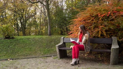 Woman Reading Book in Autumn Park