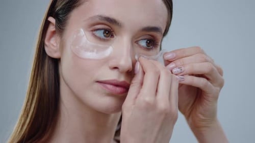 Woman Applying Cosmetic Eye Patches in a Close Up
