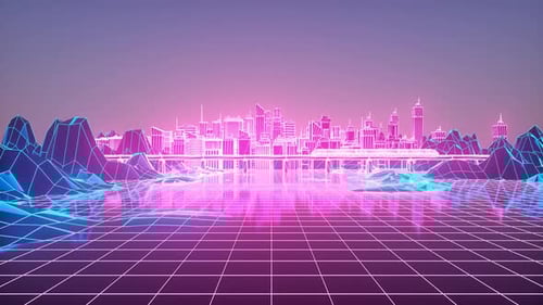 Retro futuristic city illuminated by neon lights. Seamless loop of cyberpunk cityscape