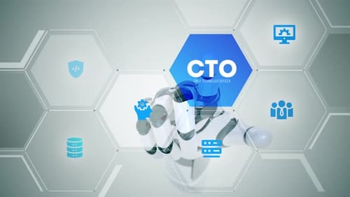 Robotic Hand Interacting with Futuristic Hexagon UI and Corporate Icons