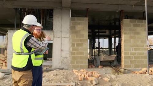 Two men with blueprint on tablet engineer and foreman communicate on construction site