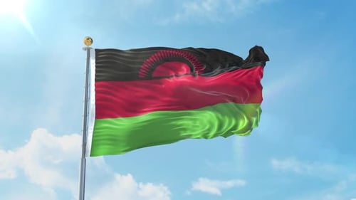 Realistic 3D Malawi National Flag Waving Loop against Blue Sky