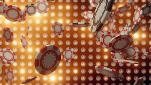Vip Poker Chips Falling on a Luxury Light Flickering Background Casino Chips in Slow Motion Luck and