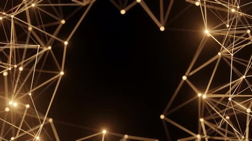 Estrutura geométrica dourada com elementos brilhantes