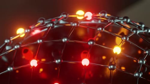 Close-up of sphere and grid of metal spheres with glow. Looped animation