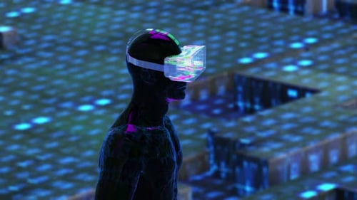 Digital Human Figure in Futuristic VR Headset Exploring Metaverse