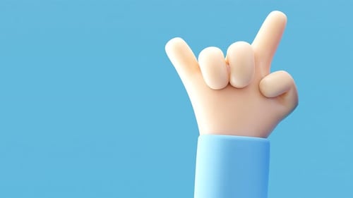 Human Cgi Hand Animated in 3d Editor Makes a Sign of the Horns on a Blue Background