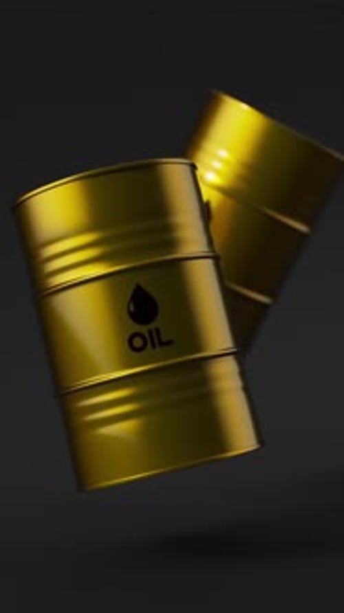 Two Gold Metal Oil Barrels Floating on a Black Background for Petroleum Industry Concept Vertical