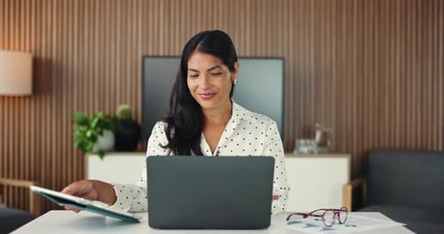 Businesswoman, research and laptop in office with tablet for data analysis