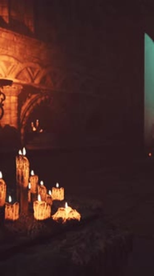A Group of Lit Candles Illuminating a Dark Room in a Temple