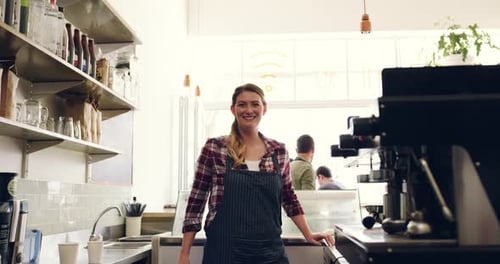 Happiness, coffee shop woman and confident barista, cafe waiter or server smile for job experience