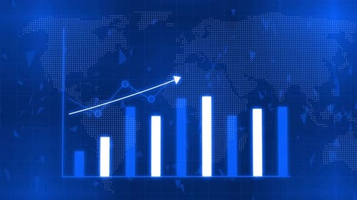 Digital Bar Graph with Upward Trend and World Map Background