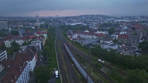 Aerial drone view of train crossing Osnabrück , Germany .