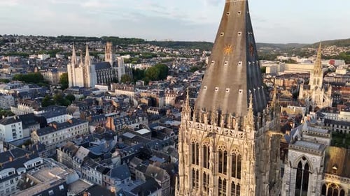 Aerial shot of the tower at Rouen Cathedral in Rouen, France