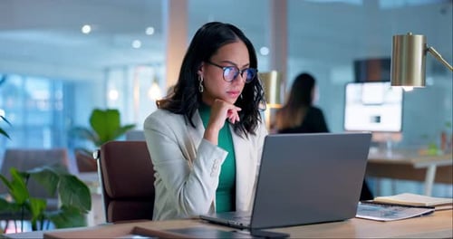 Thinking, business and woman with a laptop, solution and problem solving with connection