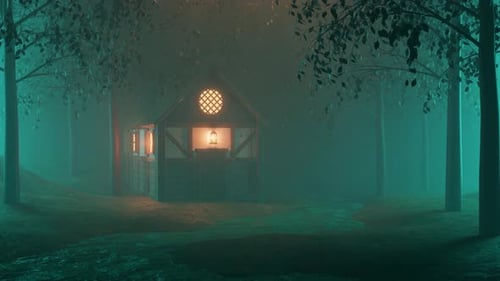 3D Rendering of Illuminated Wooden Cottage in Forest at Night