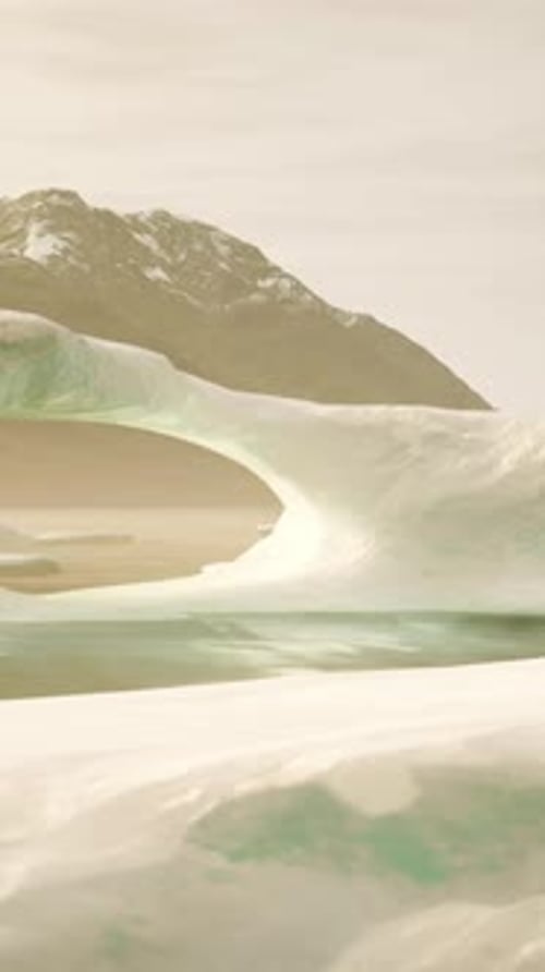 An Iceberg Floating in a Body of Water with Mountains in the Background