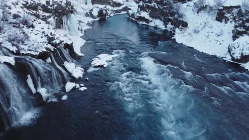 Waterfall in Iceland Snowy Ice Mountain River in Winter Nature