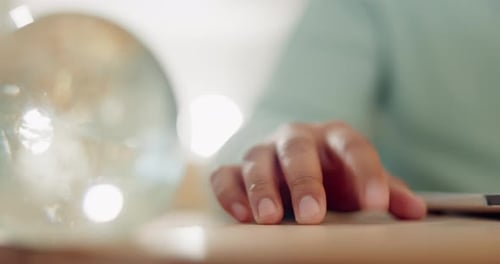Finger, desk and tapping for anxiety during remote work for stress, problem or glitch
