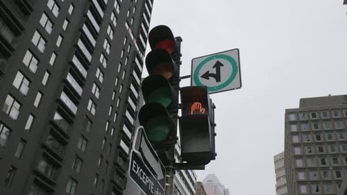Traffic Signal Lights At The Road Intersection In Montreal, Quebec, Canada. - Low-Angle Shot