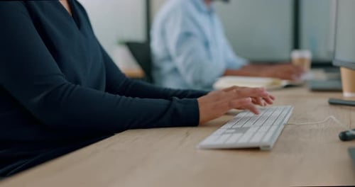 Computer, hands and woman typing on a keyboard while working on a corporate project in office