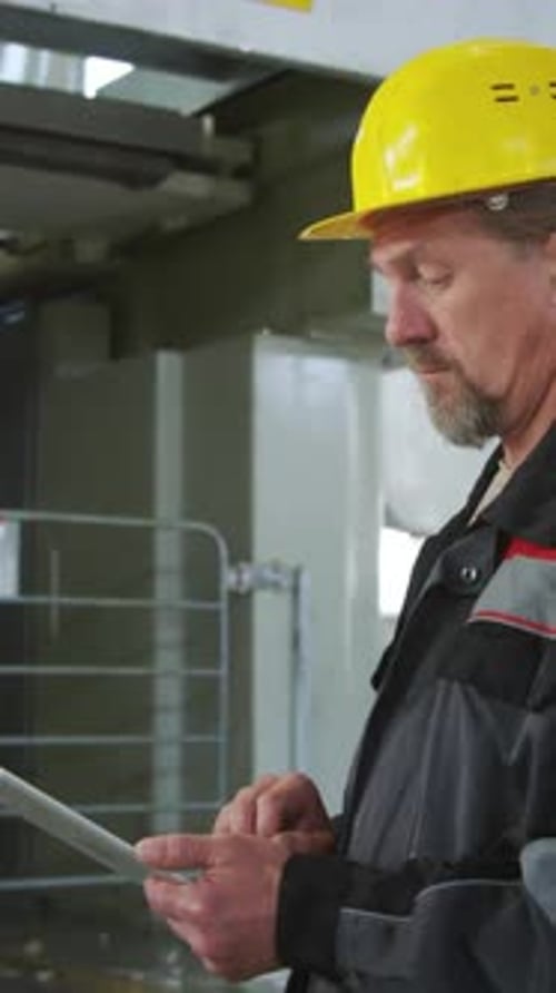 Factory Worker Looking at Industrial Machine and Using Digital Tablet