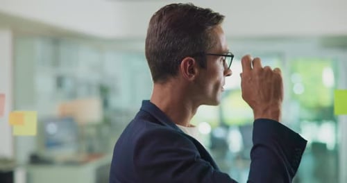 Happy, businessman or thinking with glass board for schedule planning, brainstorming