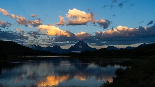 Morning Sunrise Timelapse Cloud Movement Over Beautiful Mountain And Lake Scenery