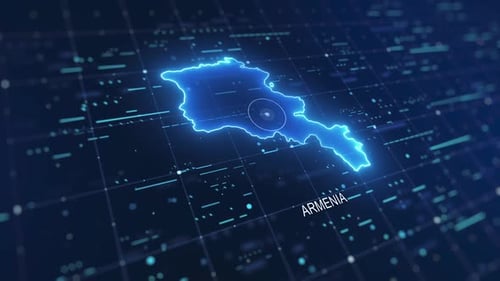 Glühende digitale Karte von Armenien auf futuristischem Gitterhintergrund