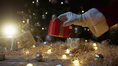 Santa Claus Leaving Gift Under the Tree