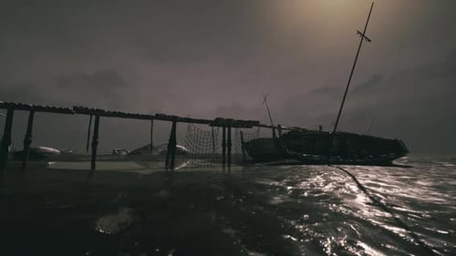 Stormy Weather Brings Chaos to a Docked Fishing Boat at Twilight