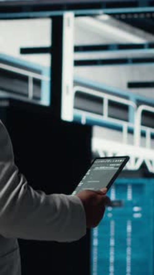 Vertical Video Data Center Technician Using Laptop to Manage Software Updates