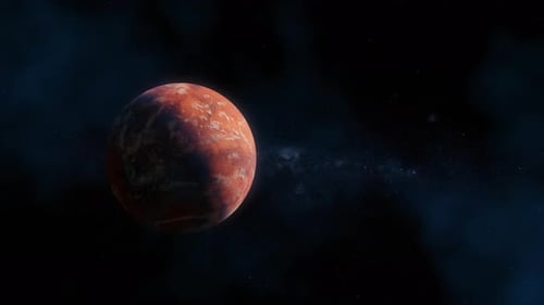 Rotating Red Exoplanet in Cosmic Nebula Background