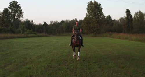 Slow motion of young carefree male is riding a purebred brown horse in nature on a sunset.