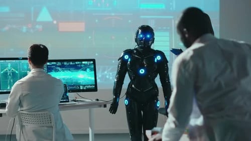 Team of Multiethnic Male and Female Engineers Perform Intelligence Tests on Black Futuristic