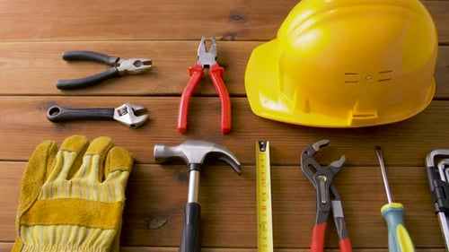 Repair, Building and Carpentry Concept - Different Work Tools on Wooden Boards Allen Key