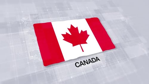 Waving Canadian Flag with Digital World Map Background