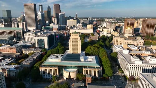 Downtown Atlanta Georgia during golden hour light. Aerial truck shot. Establishing shot of Atlanta G
