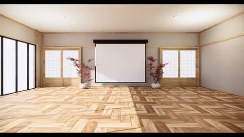 Animated Projector Screen Reveal in Minimalist Japanese Interior